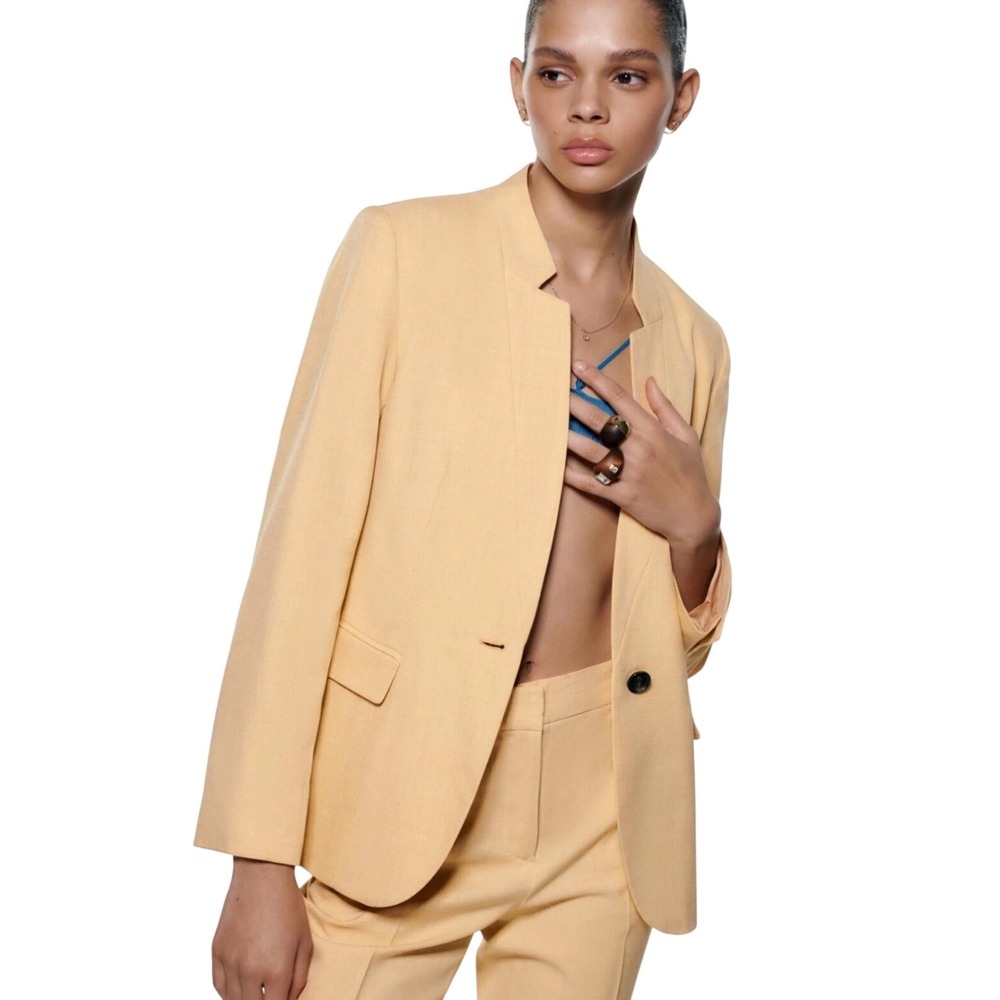 Zara Pale Yellow Blazer Single Button‎ Closure Quiet Luxury Neo Minimalist  Sz 4